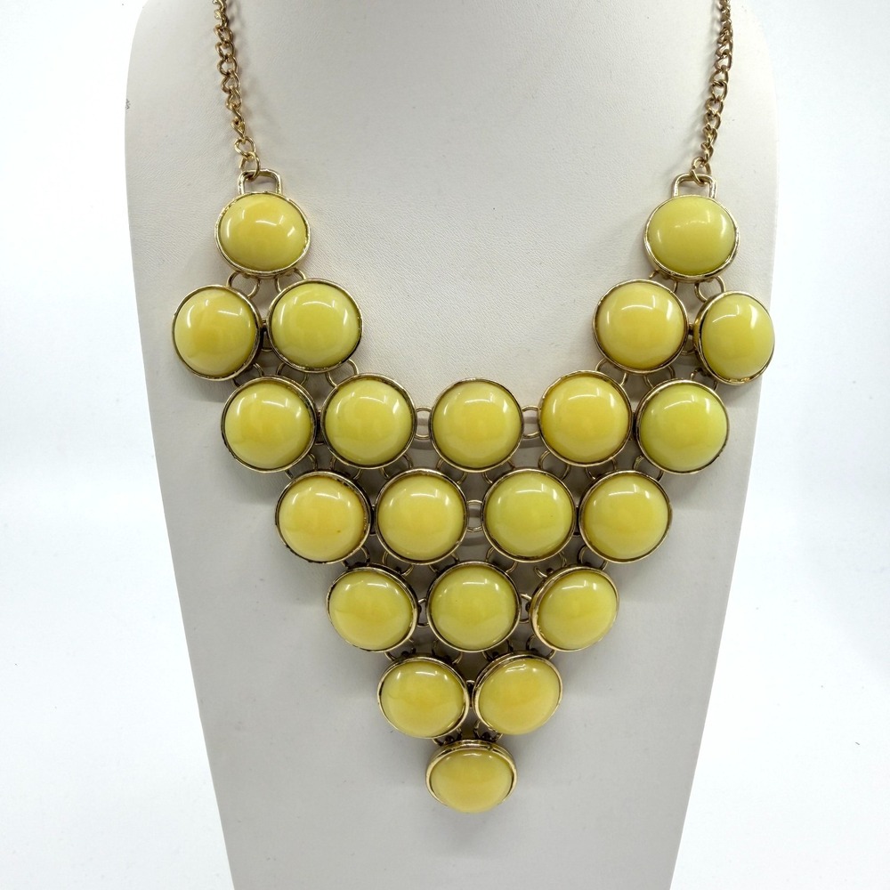 Vintage Gold Tone Yellow Cabochon Lucite Statement Bib Necklace